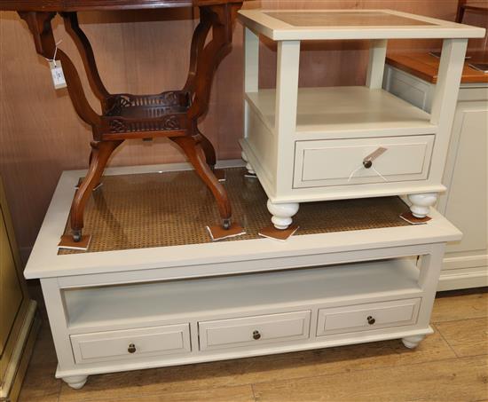 A pale green painted two tier plate glass topped coffee table, fitted two drawers and a matching plate glass topped lamp table coffee t